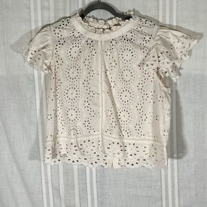 Eyelet Ruffle Neck Short Sleeve Blouse - Cream